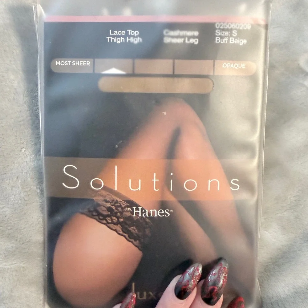 Solutions by Hanes Luxe Lace Top Thigh Highs Small Buff Beige Cashmere Sheer NIP